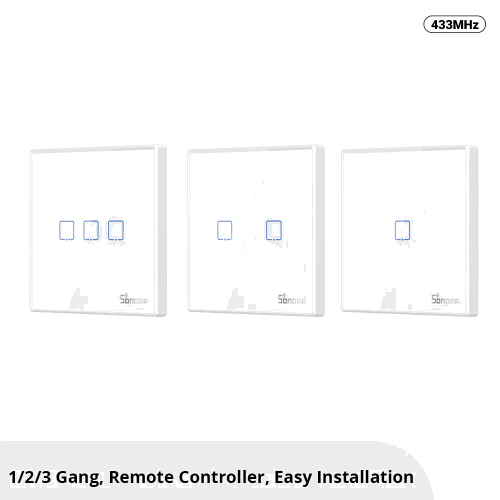 SONOFF T2EU-RF – Wall Panel Sticky 433MHz Wireless RF Remote 1-3 Gang